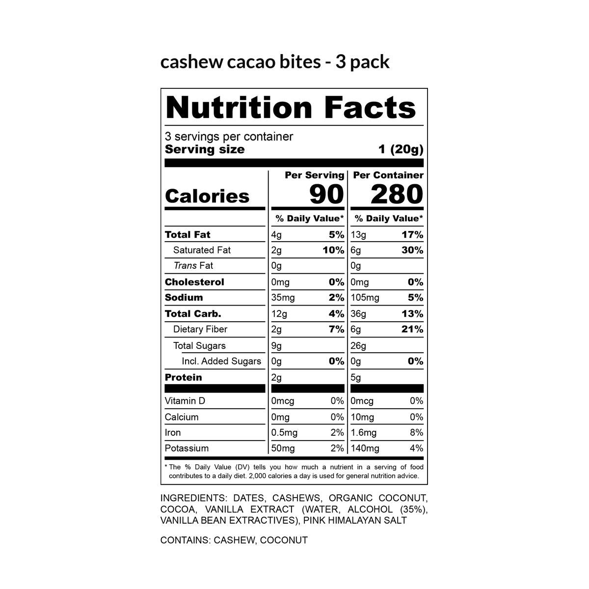 Nutrition facts for Cashew Cacao Bites – 6 Pack