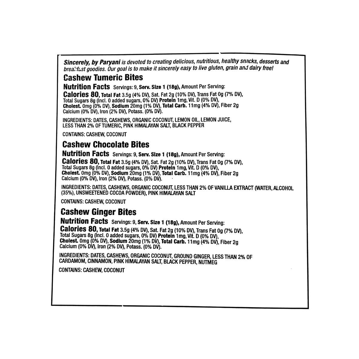 Nutrition facts for Gluten and Dairy Free Desserts – Cashew Trio Gift Box | Perfect for Gifting & Special Occasions