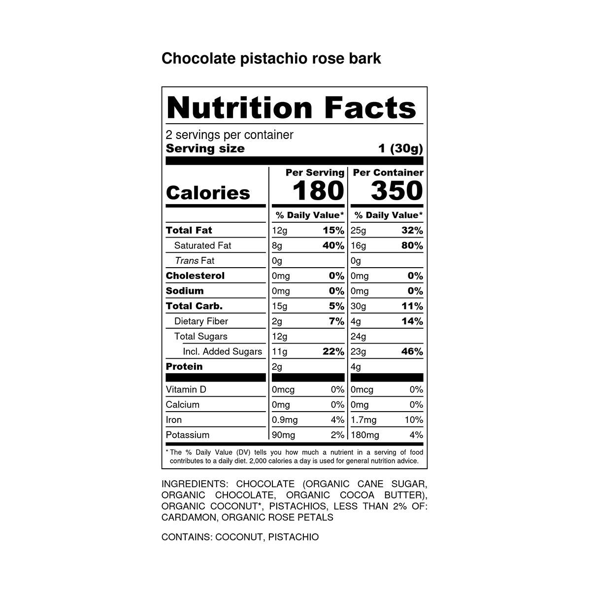 Nutrition facts for Chocolate Pistachio Rose Bark – 2 Pack